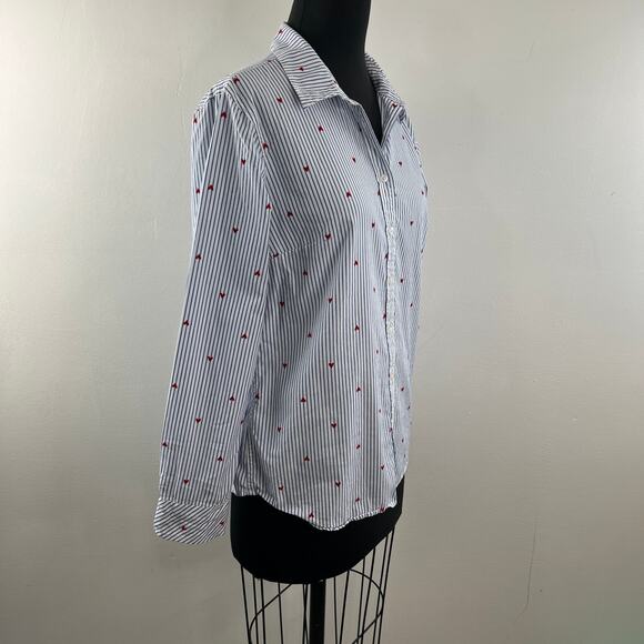 Talbots Blue White Red Top Cotton Striped Heart Collared Button-Up Size Small S - Picture 5 of 10
